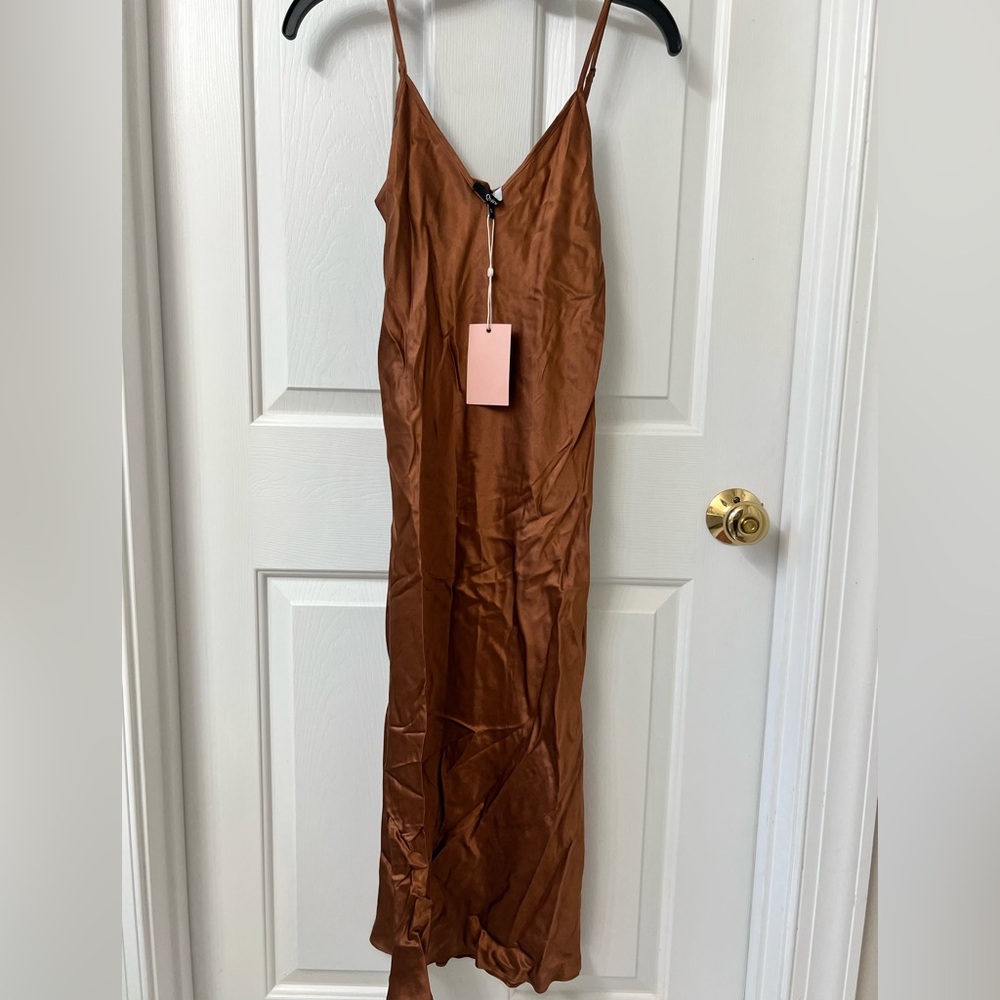NWT Quince 100% Washable Silk slip dress midi length Copper Brown Sz Small
